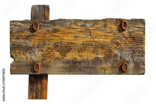 A weathered wooden sign with rusted nails, suitable for rustic or vintage themes