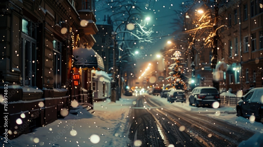 A snowy street at night with cars parked on the side. Ideal for winter city scenes A snowy street at night with cars parked on the side. Ideal for winter city scenes