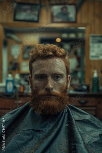 A man with a red beard getting a haircut, suitable for barber shop concept