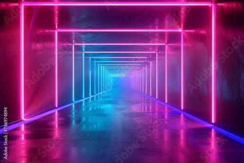 Abstract neon light geometric background. Glowing neon lines. Empty futuristic stage laser. Colorful rectangular laser lines. Square tunnel. Night club empty room. Laser show design © Esha