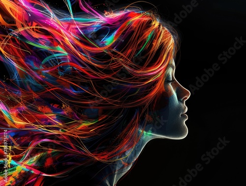 A portrait with colorful hair fluttering in the wind