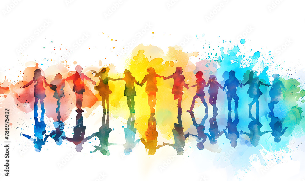 Group of people silhouettes standing together in the style of rainbow colors watercolor illustration with colorful drops and splash