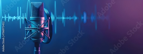 Photo of a microphone with sound waves on a blue background, representing podcasting and audio recording for business use.  