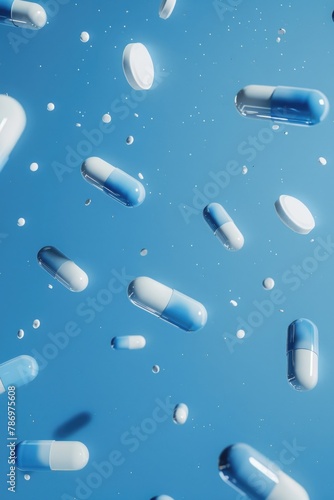 Blue and white pills floating in the air. Suitable for medical and healthcare concepts