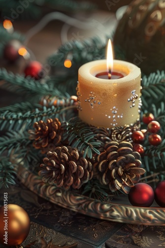 Festive candle on holiday wreath, perfect for seasonal decorations