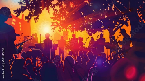 Vibrant Sunset Music Festival with Joyful Crowd Silhouettes
