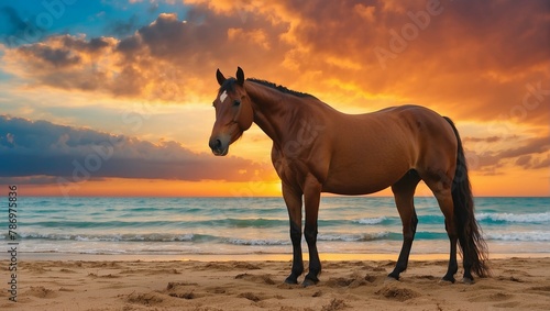 A brown horse standing on top of a sandy beach. © Taha