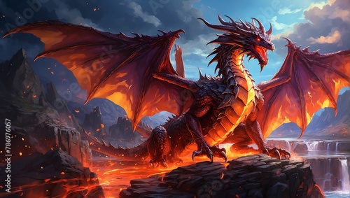 A red dragon with black wings is perched on a rock in front of a mountain range. The dragon is breathing fire.