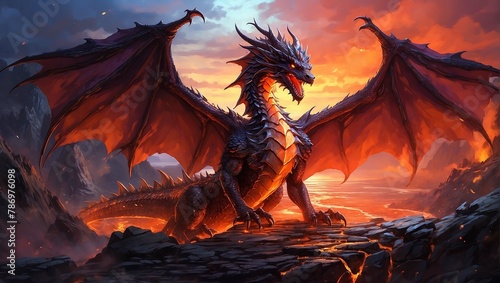 A red dragon with black wings is perched on a rock in front of a mountain range. The dragon is breathing fire.