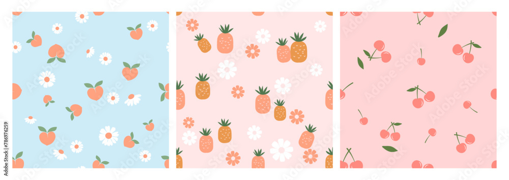Seamless patterns with peach fruit, pineapple, cherry and cute flower on blue and pink backgrounds vector. Cute fruit prints.