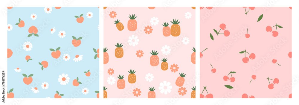 Seamless patterns with peach fruit, pineapple, cherry and cute flower on blue and pink backgrounds vector. Cute fruit prints. Seamless patterns with peach fruit, pineapple, cherry and cute flower on blue and pink backgrounds vector. Cute fruit prints.