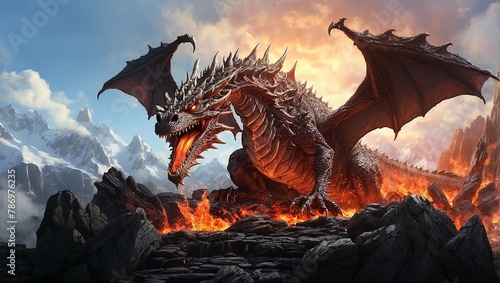 A red dragon with black wings is perched on a rock in front of a mountain range. The dragon is breathing fire. © Taha