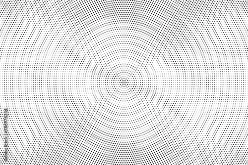 Radial halftone gradient background. Dotted concentric texture with fading effect. Black and white circle shade wallpaper. Grunge rough vector. Monochrome backdrop for various purpose. 
