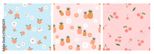 Seamless patterns with peach fruit, pineapple, cherry and cute flower on blue and pink backgrounds vector. Cute fruit prints.