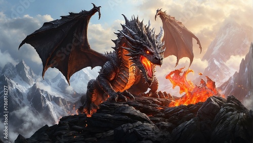 A red dragon with black wings is perched on a rock in front of a mountain range. The dragon is breathing fire.