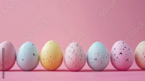 Row of vibrant Easter eggs on pink background. Perfect for Easter holiday designs