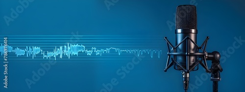 Photo of a microphone with sound waves on a blue background, representing podcasting and audio recording for business use.  