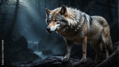 A wolf standing in a dark forest