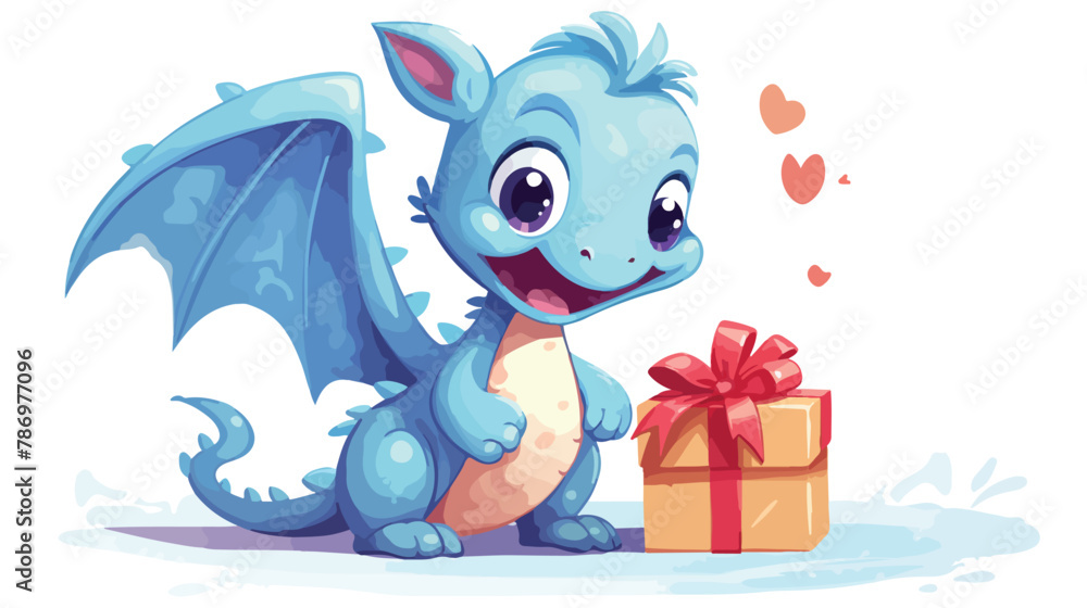 Cute Dragon Character happily unwrapping the gift box