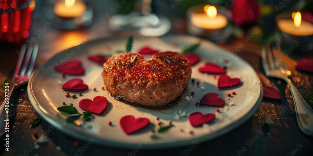 A heart shaped pastry on a white plate, perfect for Valentine's Day celebrations