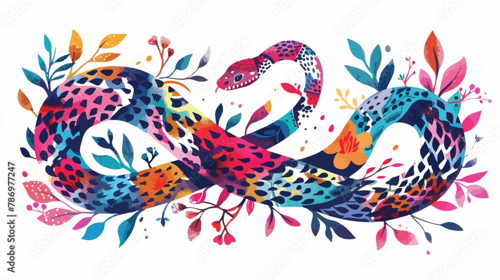 Wild. Abstract snake with floral branches. Neon color