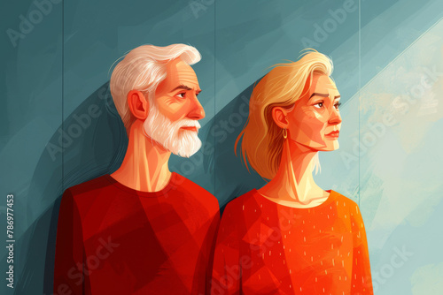 Illustration of an elderly man and a younger woman standing back to back with serious expressions, in a stylized format.