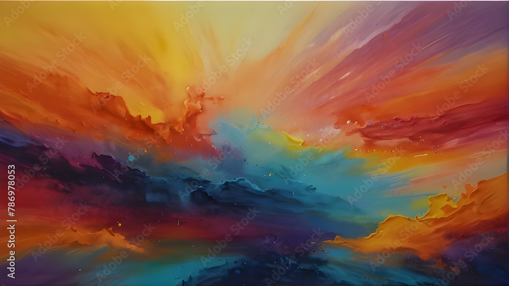 A vibrant abstract buttercream painting resembling a colorful sunset sky - obrazy, fototapety, plakaty 