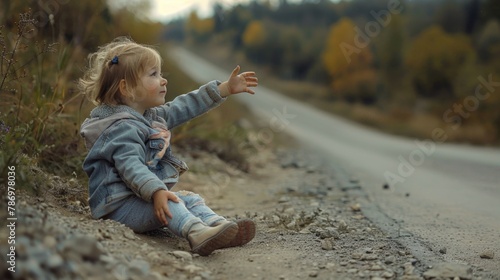 A young girl sitting on the side of a road, suitable for various concepts and projects