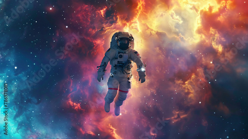 Astronaut taking space walk colorful space nebula 