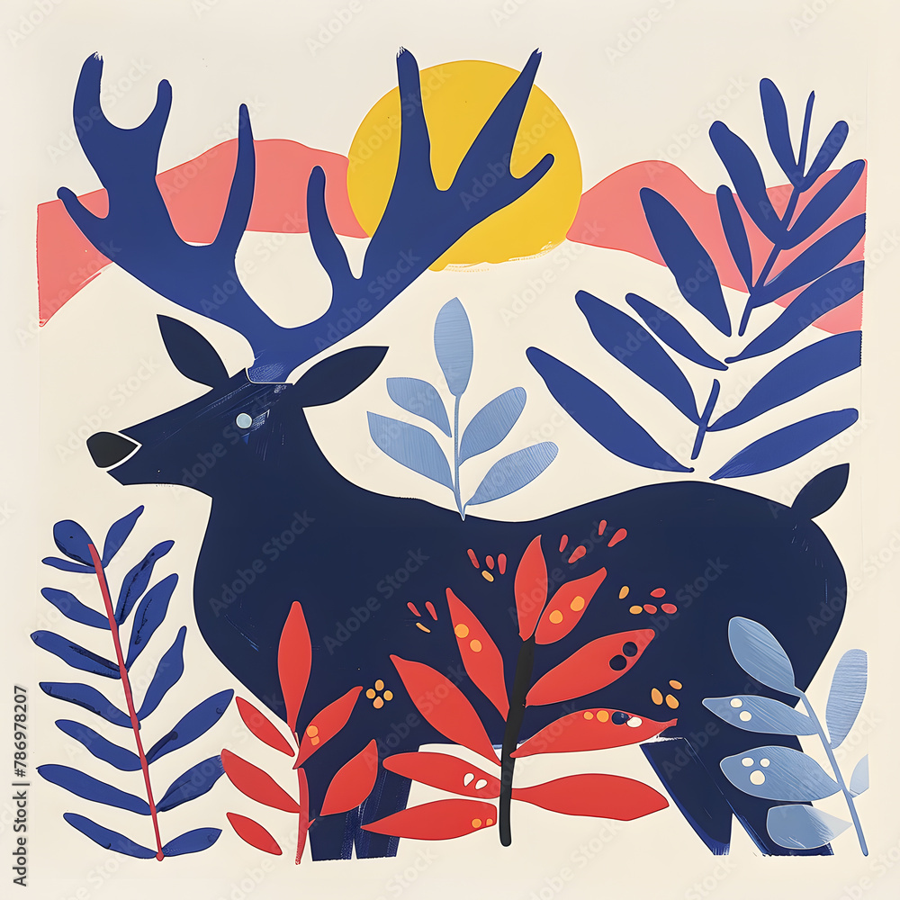Obraz premium Scandinavian deer folk art illustration on white background