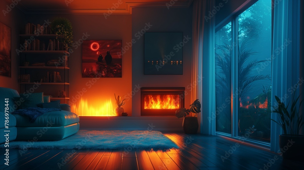 fireplace in the modern living room at evening. fireplace in the modern living room at evening.