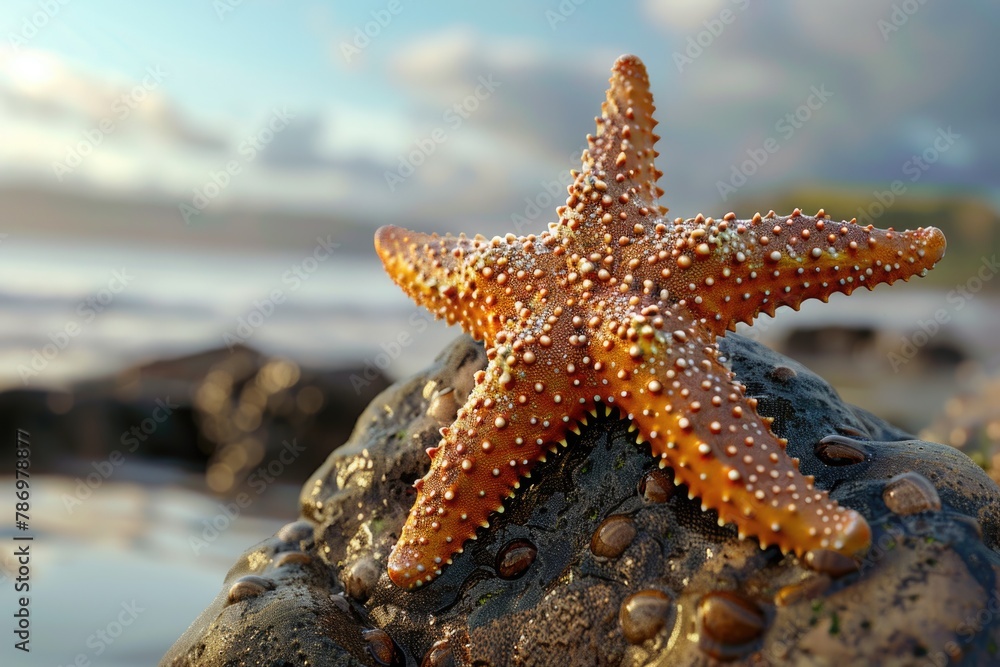 A starfish perched on a rock by the sea. Great for beach themed designs A starfish perched on a rock by the sea. Great for beach themed designs