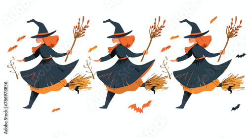 Cute Halloween witches flying on broomsticks clipart photo