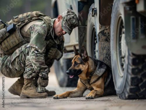 A military dog handler and his trained canine scanning a vehicle at a security checkpoint