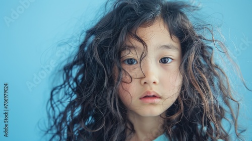 A young girl with long curly hair looking at the camera. Suitable for various projects