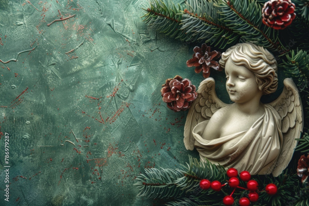Fototapeta premium A serene angel statue adorned with pine cones and red berries. Perfect for Christmas or religious-themed designs