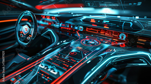 Autonomous futuristic car dashboard concept with HUD 