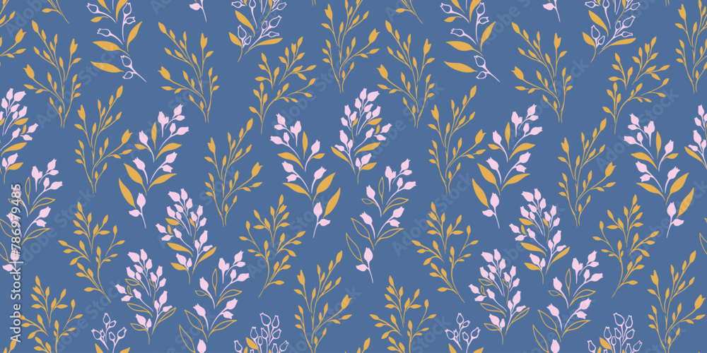 Abstract small branches leaves and tiny flowers buds seamless pattern. Minimalist creative floral stems printing on a blue background. Vector hand drawn sketch. Template for designs, fabric, textile Abstract small branches leaves and tiny flowers buds seamless pattern. Minimalist creative floral stems printing on a blue background. Vector hand drawn sketch. Template for designs, fabric, textile