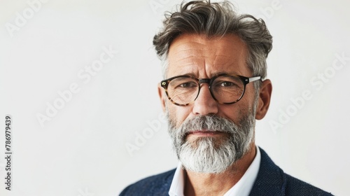 A man with glasses and a beard wearing a suit. Suitable for business and professional concepts photo