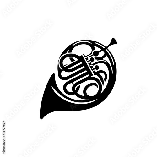 Brass Brilliance: Black Vector Silhouette of a French Horn, Resonance of Majestic Musical Harmony- French Horn Illustration- French horn vector stock.