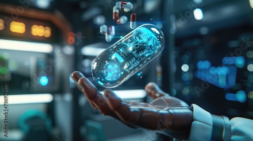 Futuristic AI-Enhanced Pill with Holographic Interface Display.