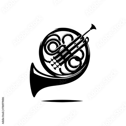 Brass Brilliance: Black Vector Silhouette of a French Horn, Resonance of Majestic Musical Harmony- French Horn Illustration- French horn vector stock.