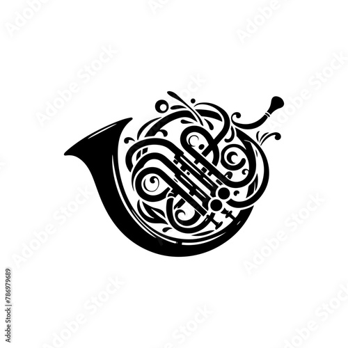 Brass Brilliance: Black Vector Silhouette of a French Horn, Resonance of Majestic Musical Harmony- French Horn Illustration- French horn vector stock.