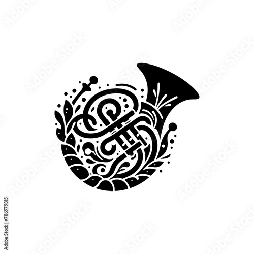 Brass Brilliance: Black Vector Silhouette of a French Horn, Resonance of Majestic Musical Harmony- French Horn Illustration- French horn vector stock.