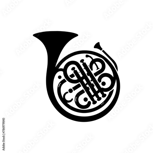 Brass Brilliance: Black Vector Silhouette of a French Horn, Resonance of Majestic Musical Harmony- French Horn Illustration- French horn vector stock.