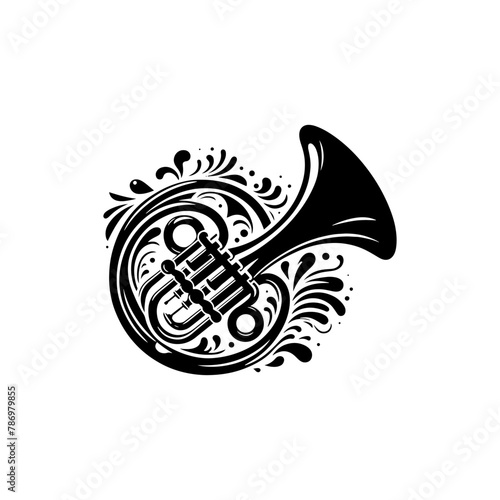 Brass Brilliance: Black Vector Silhouette of a French Horn, Resonance of Majestic Musical Harmony- French Horn Illustration- French horn vector stock.