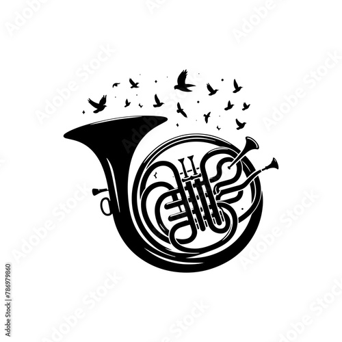 Brass Brilliance: Black Vector Silhouette of a French Horn, Resonance of Majestic Musical Harmony- French Horn Illustration- French horn vector stock.