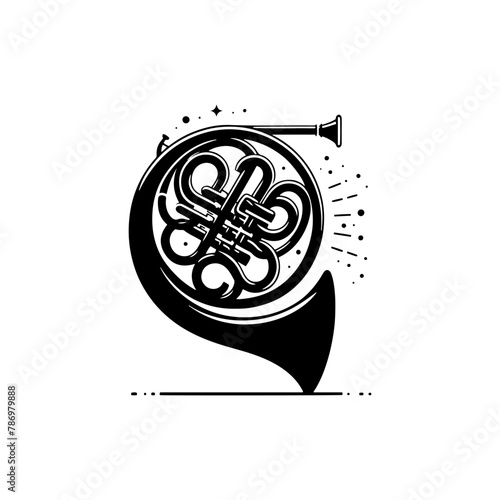 Brass Brilliance: Black Vector Silhouette of a French Horn, Resonance of Majestic Musical Harmony- French Horn Illustration- French horn vector stock.