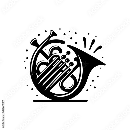 Brass Brilliance: Black Vector Silhouette of a French Horn, Resonance of Majestic Musical Harmony- French Horn Illustration- French horn vector stock.