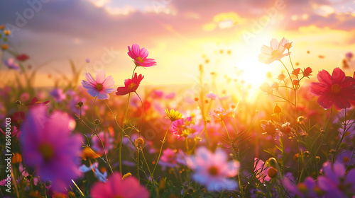 A field of flowers with the sun rising or setting in the background.
